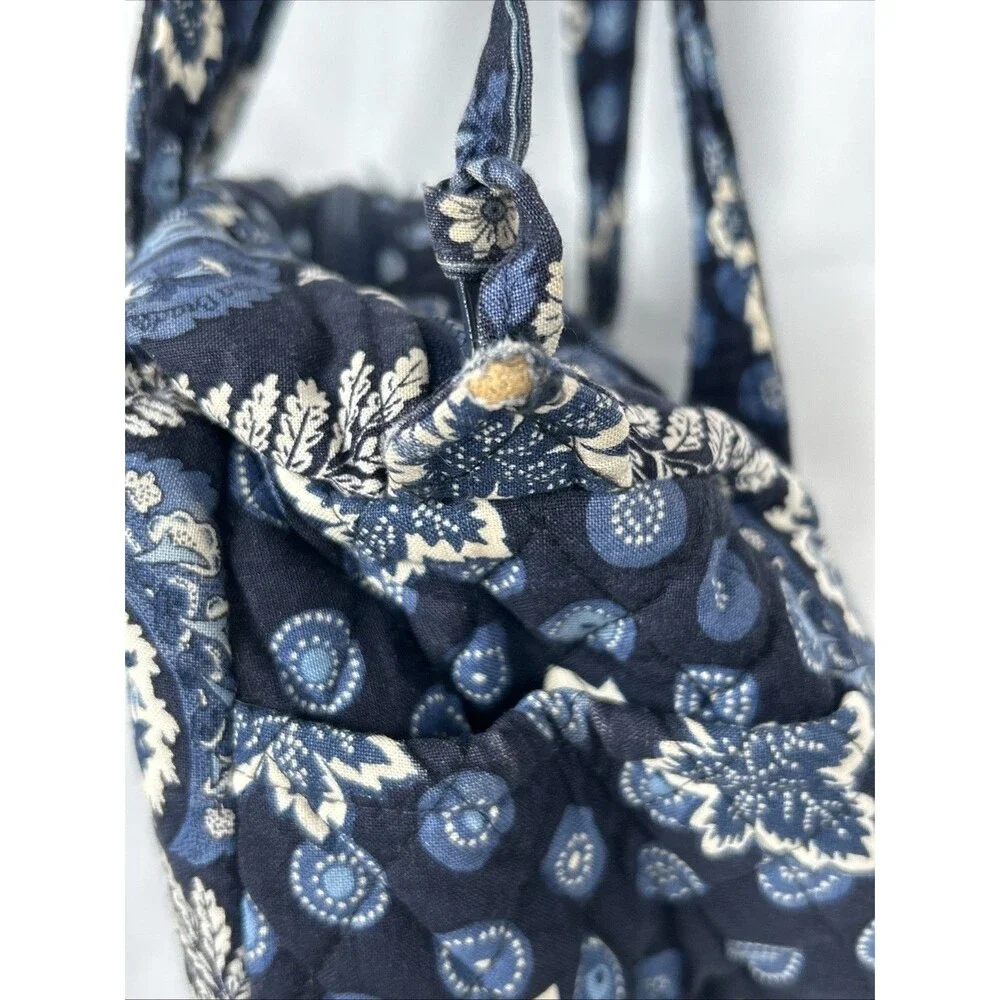 Vtg Vera Bradley Small Blue Duffel Bag Quilted Made in USA Leaf Paisley White